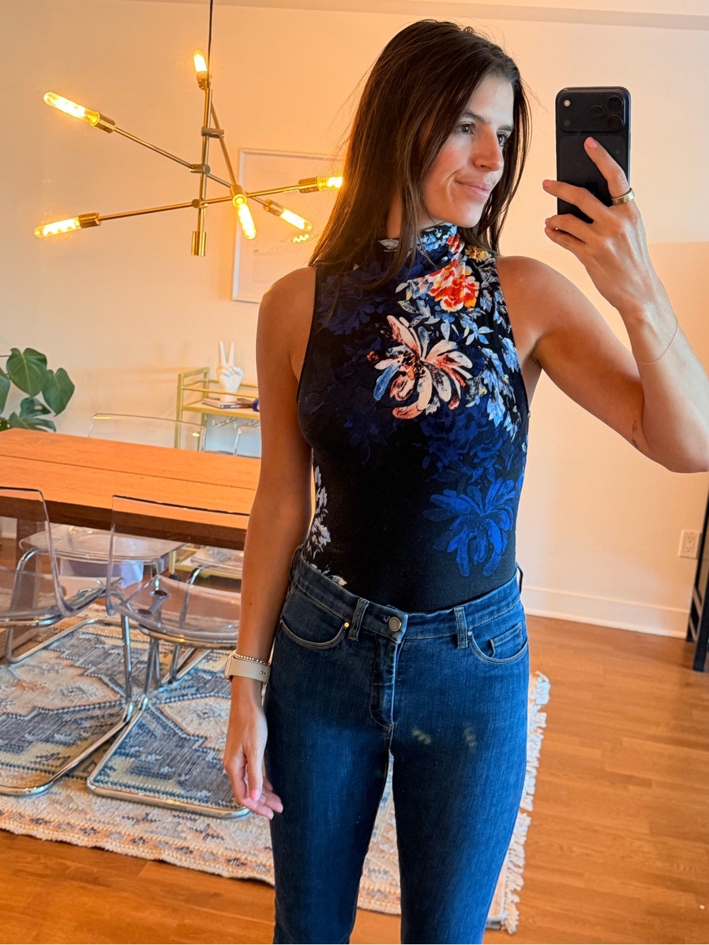 Free People Navy Floral Mock Neck Bodysuit